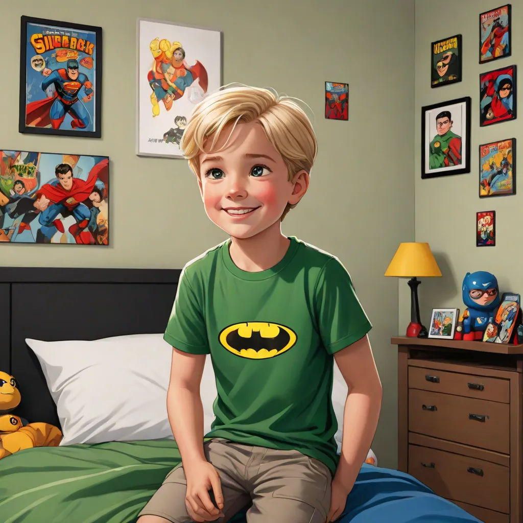 a boy in a green shirt sitting on a bed with a batman t - shirt on and a yellow teddy bear, Aaron Jasinski, photorealism, a comic book panel, comic book