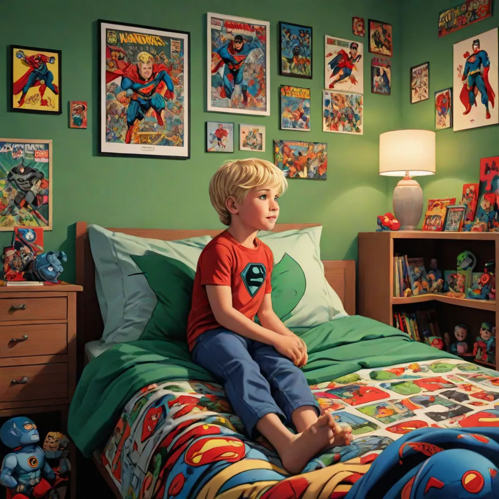 a boy sitting on a bed in a room with green walls and pictures on the wall above him and a lamp on the nightstand, F Scott Hess, hyperrealism, a comic book panel, comic book