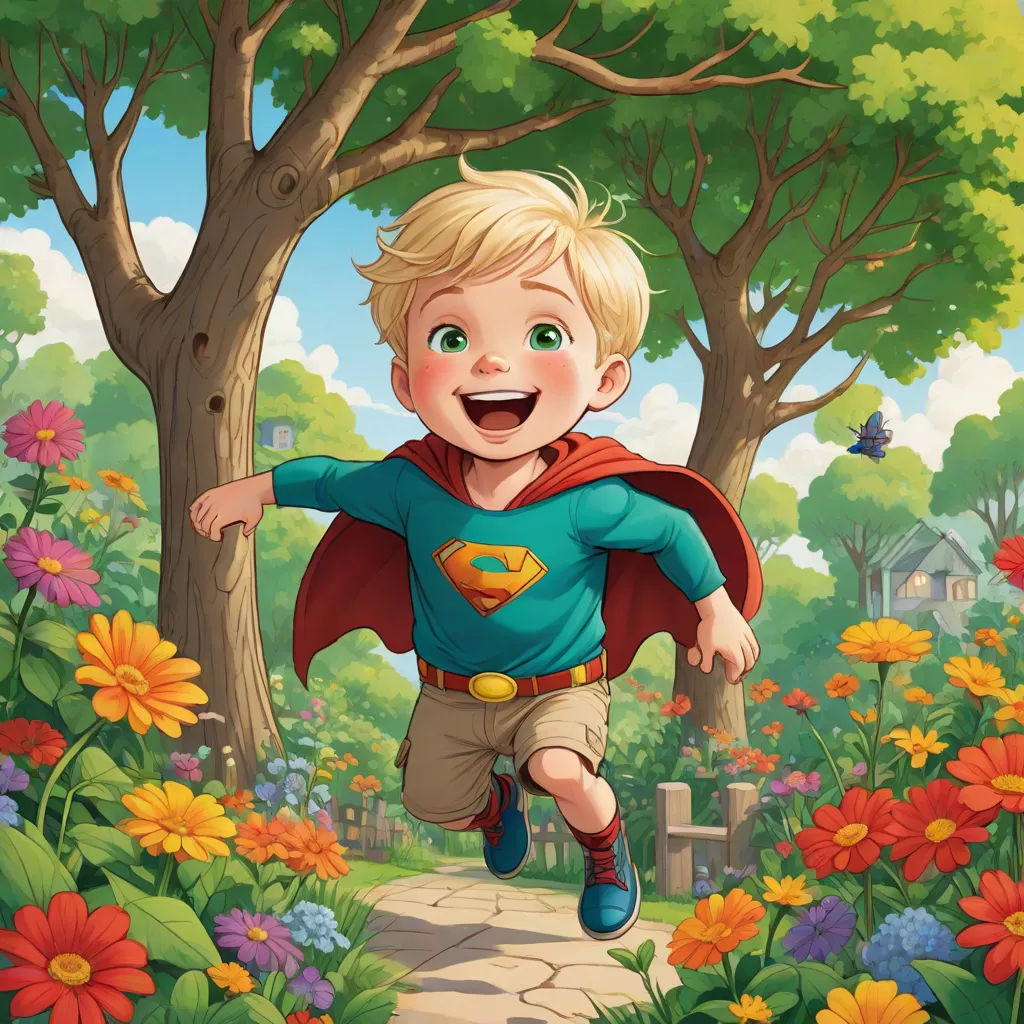 a boy running through a flowery park with a red cape on his head and a blue shirt on, Everett Warner, superflat, a comic book panel, comic cover art