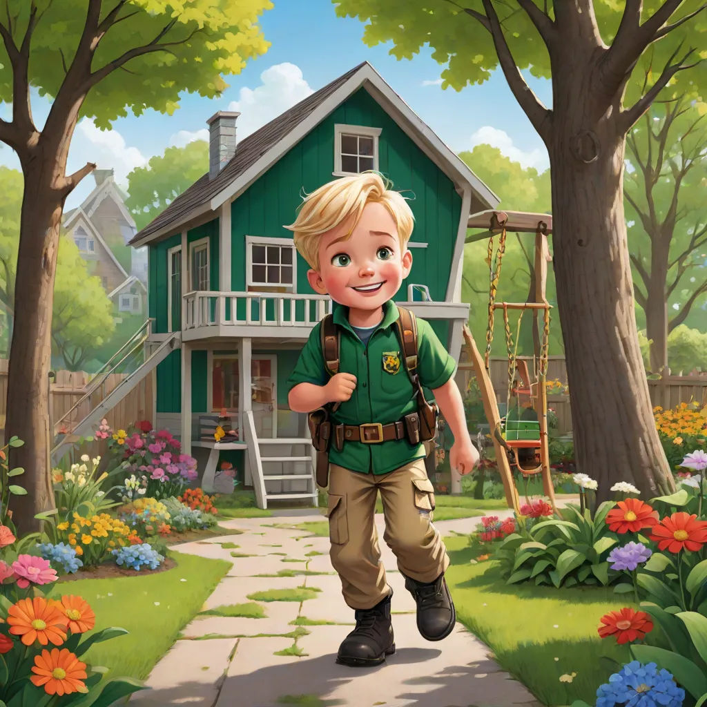 a boy in a green shirt and brown pants is walking towards a green house with a swing set in the yard, Aaron Jasinski, american scene painting, a character portrait, kinkade