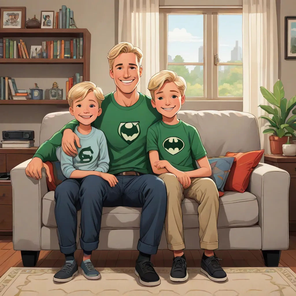 a man and two boys sitting on a couch with a green shirt on and a green and white shirt on, F Scott Hess, fantastic realism, a comic book panel, graphic novel