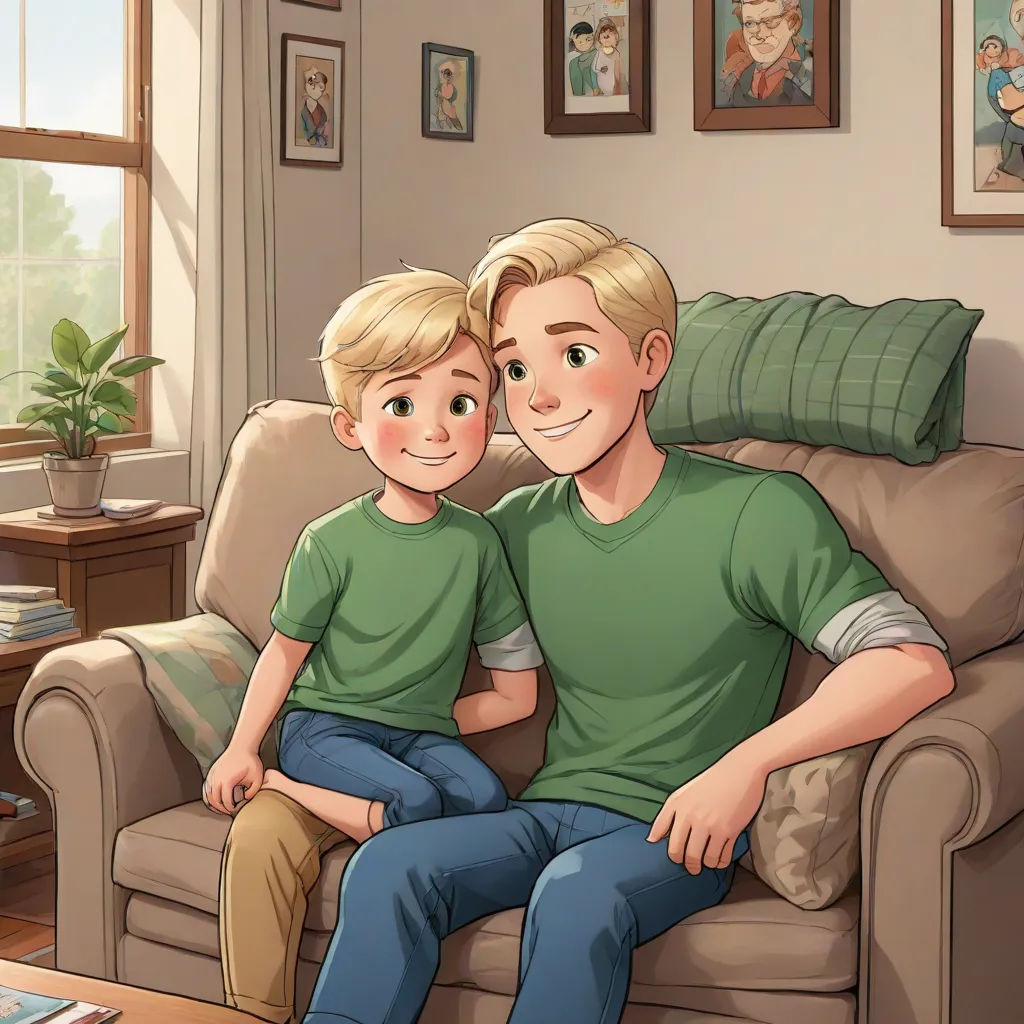 a boy and a boy sitting on a couch in a living room with a couch and a table with a vase, Brothers Hildebrandt, sots art, a storybook illustration, official art
