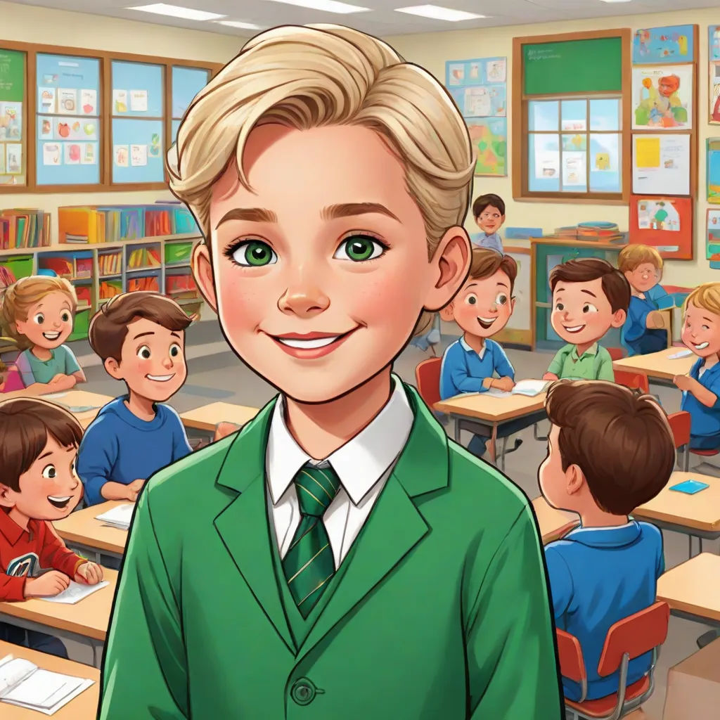 a cartoon of a boy in a green suit in a classroom with other children in the background and a cartoon of a boy in a green suit, Evan Charlton, remodernism, a character portrait, official art