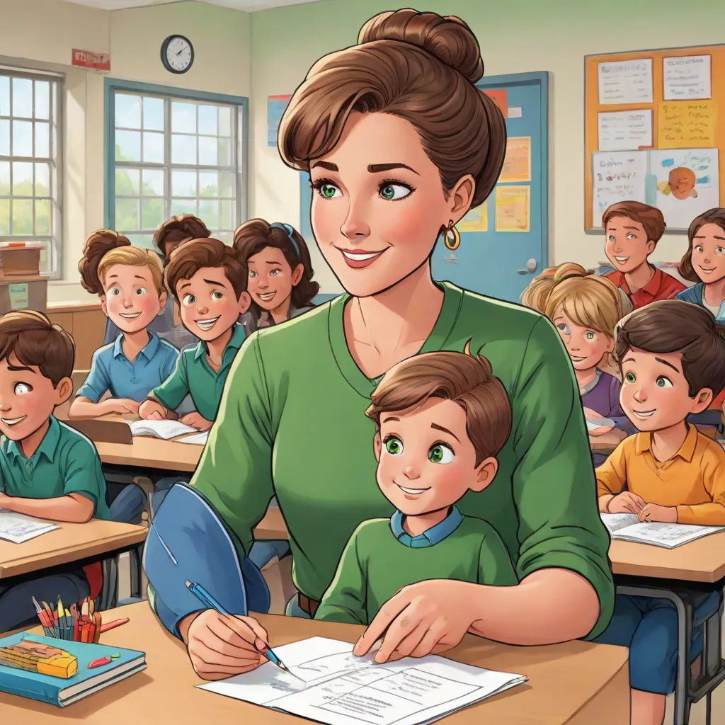 a woman is sitting at a desk with a child in front of her and a teacher behind her in a classroom, Ada Gladys Killins, remodernism, a storybook illustration, storybook illustration