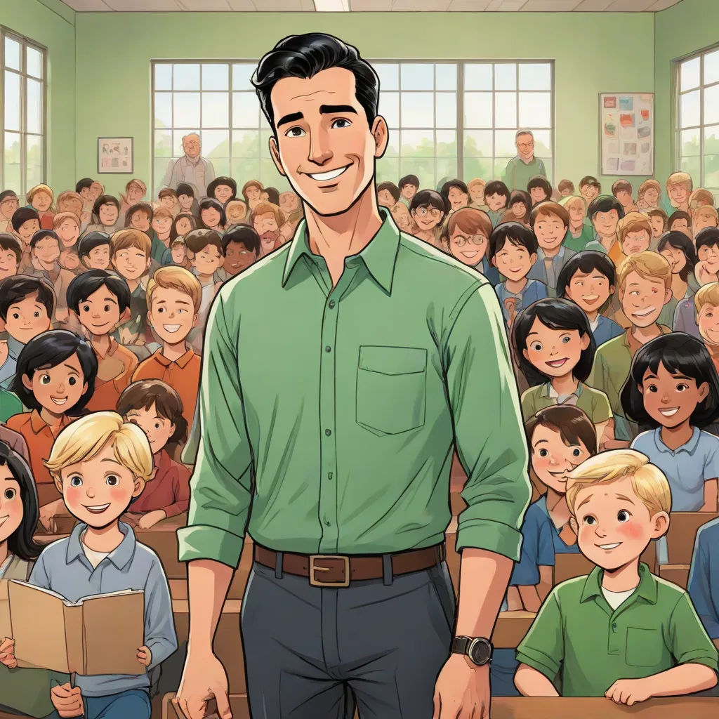 a man standing in front of a classroom full of children with a book in his hand and a smiling man in the middle, Alson S. Clark, socialist realism, a storybook illustration, graphic novel