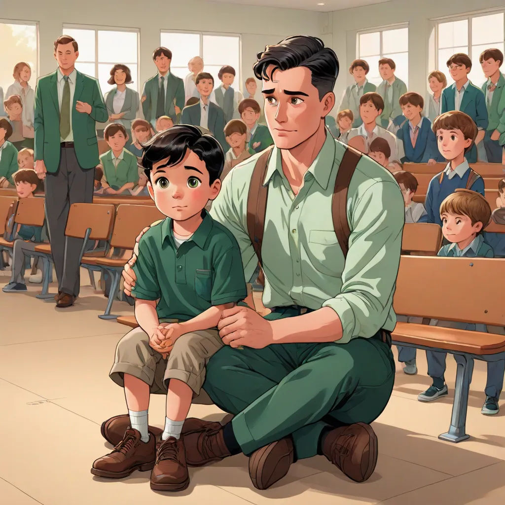 a man and a boy sitting in front of a classroom full of people, with a boy in the foreground, Brothers Hildebrandt, socialist realism, a storybook illustration, official art
