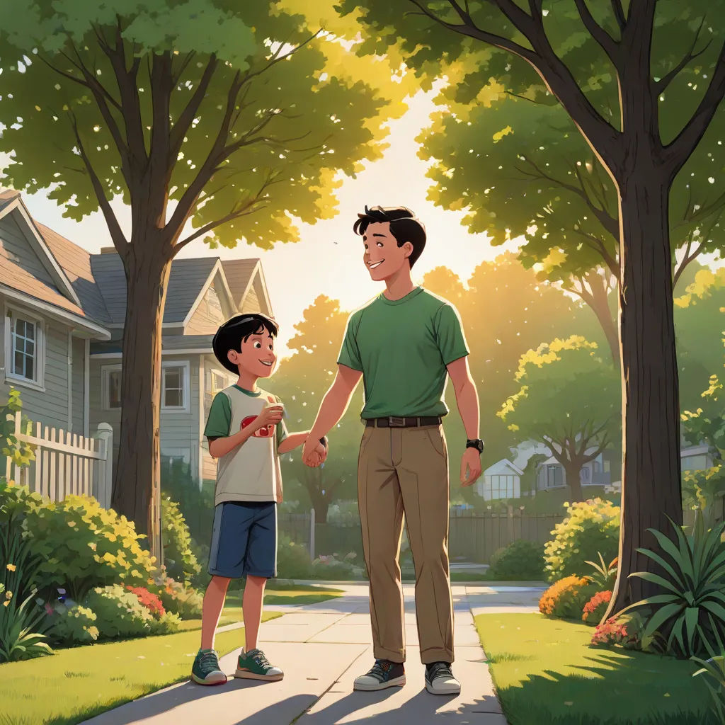 a man and a boy walking down a sidewalk holding hands and smiling at each other, with a house in the background, Aaron Jasinski, american scene painting, a storybook illustration, official art