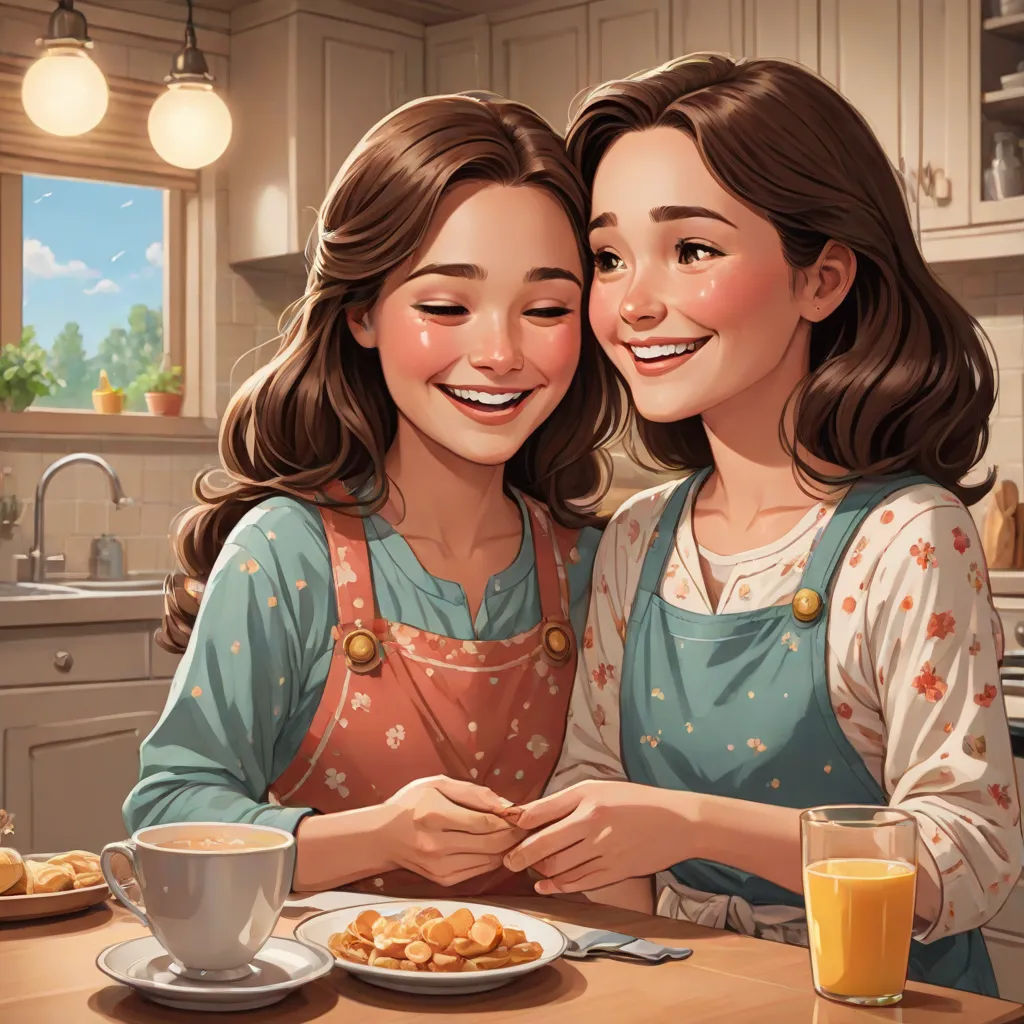 two women are smiling while they are eating breakfast together in the kitchen together, with a cup of coffee and a plate of cookies, Brothers Hildebrandt, serial art, a storybook illustration, trending on art station
