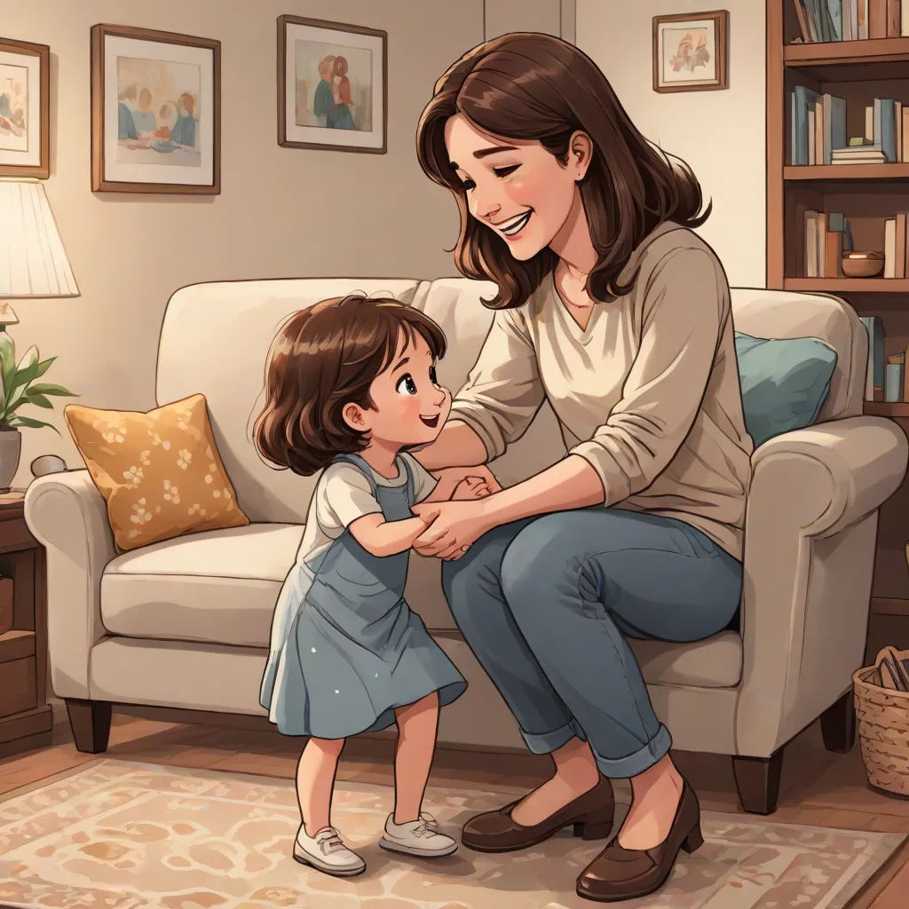 a woman and a little girl sitting on a couch in a living room together, both holding hands and smiling, Clarice Beckett, serial art, a storybook illustration, storybook illustration