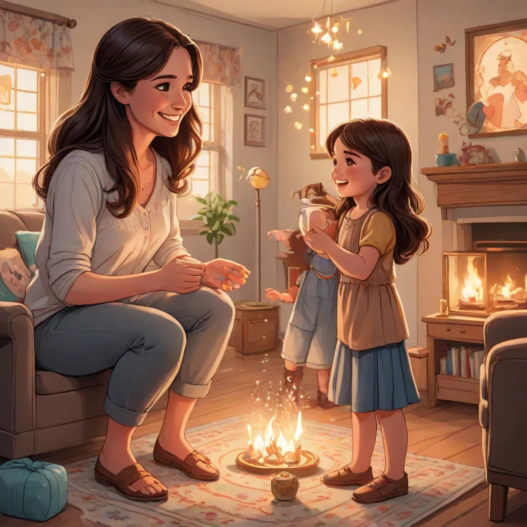 a woman and a little girl are sitting in front of a fire place with a lit candle in front of them, Alejandro Burdisio, american scene painting, a storybook illustration, storybook illustration