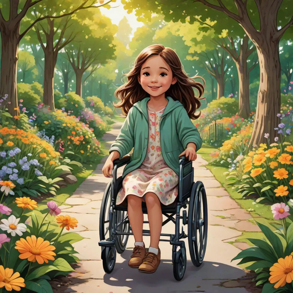 a painting of a girl in a wheelchair in a park with flowers and trees around her, and a path leading to a park with flowers and trees, Ada Hill Walker, magical realism, a storybook illustration, official art