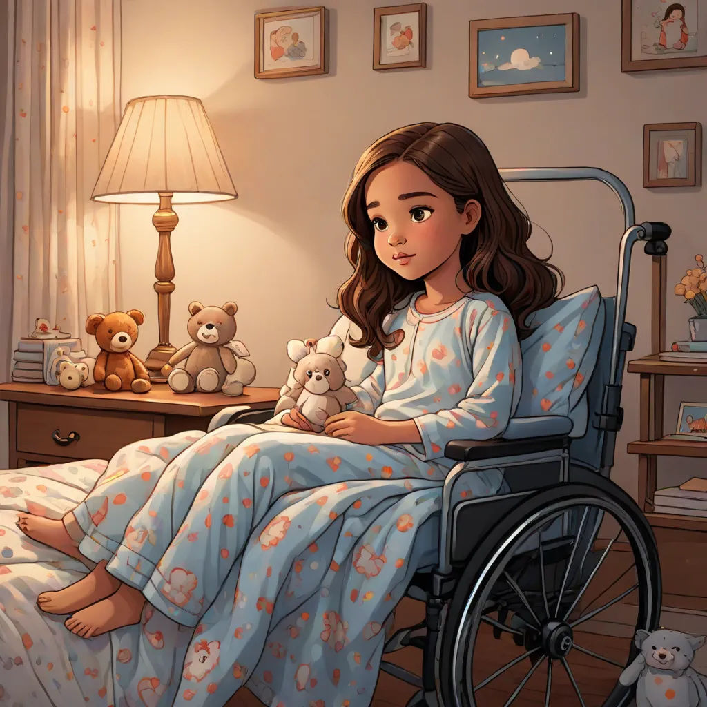 a girl in a wheelchair holding a teddy bear in a bedroom with a lamp and teddy bears on the floor, Cliff Childs, photorealism, a storybook illustration, storybook illustration