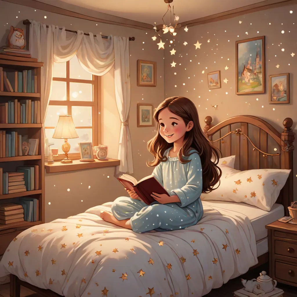a girl sitting on a bed reading a book in a bedroom with a star ceiling and a window with stars, Cyril Rolando, fantasy art, a storybook illustration, storybook illustration
