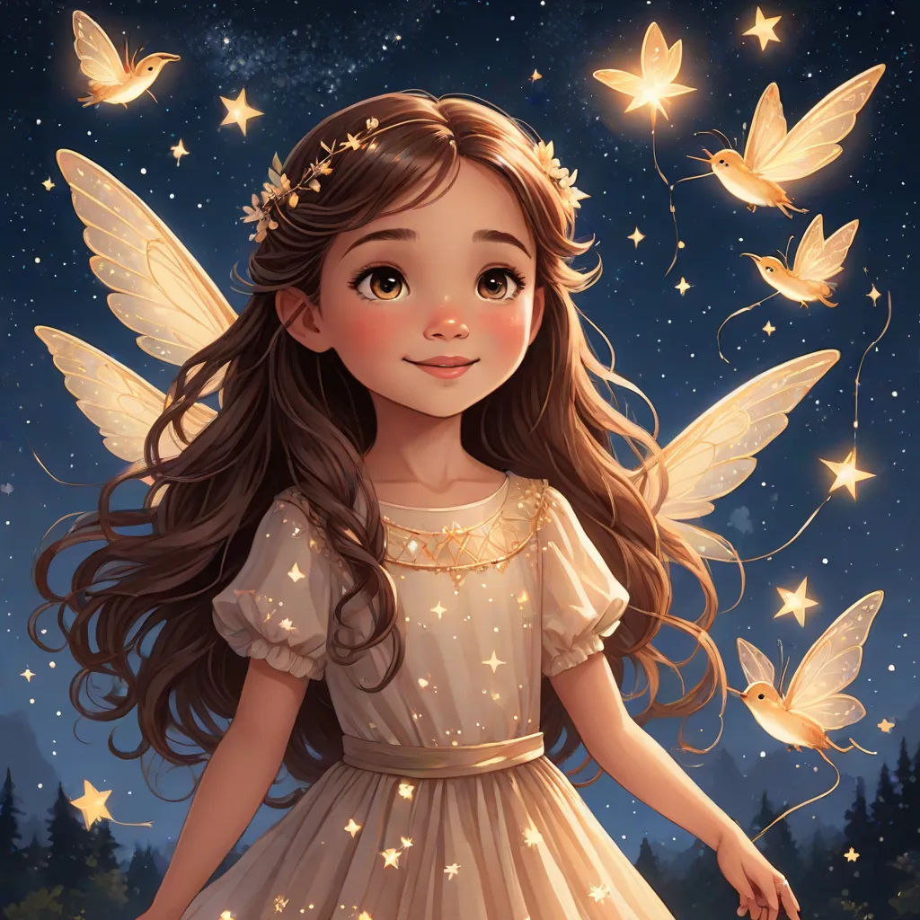 a little girl dressed in a white dress with stars on her wings and a butterfly in her hair, standing in front of a night sky with stars, Anne Stokes, fantasy art, a storybook illustration, angelic