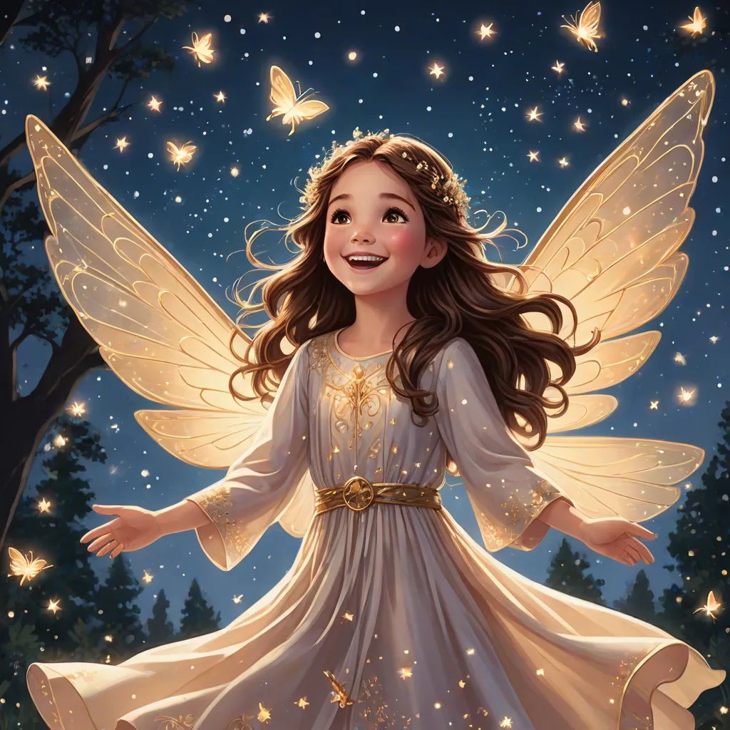 a little girl dressed in a fairy costume with a butterfly wings and a star crown on her head and a night sky background, Anne Stokes, fantasy art, a storybook illustration, kinkade
