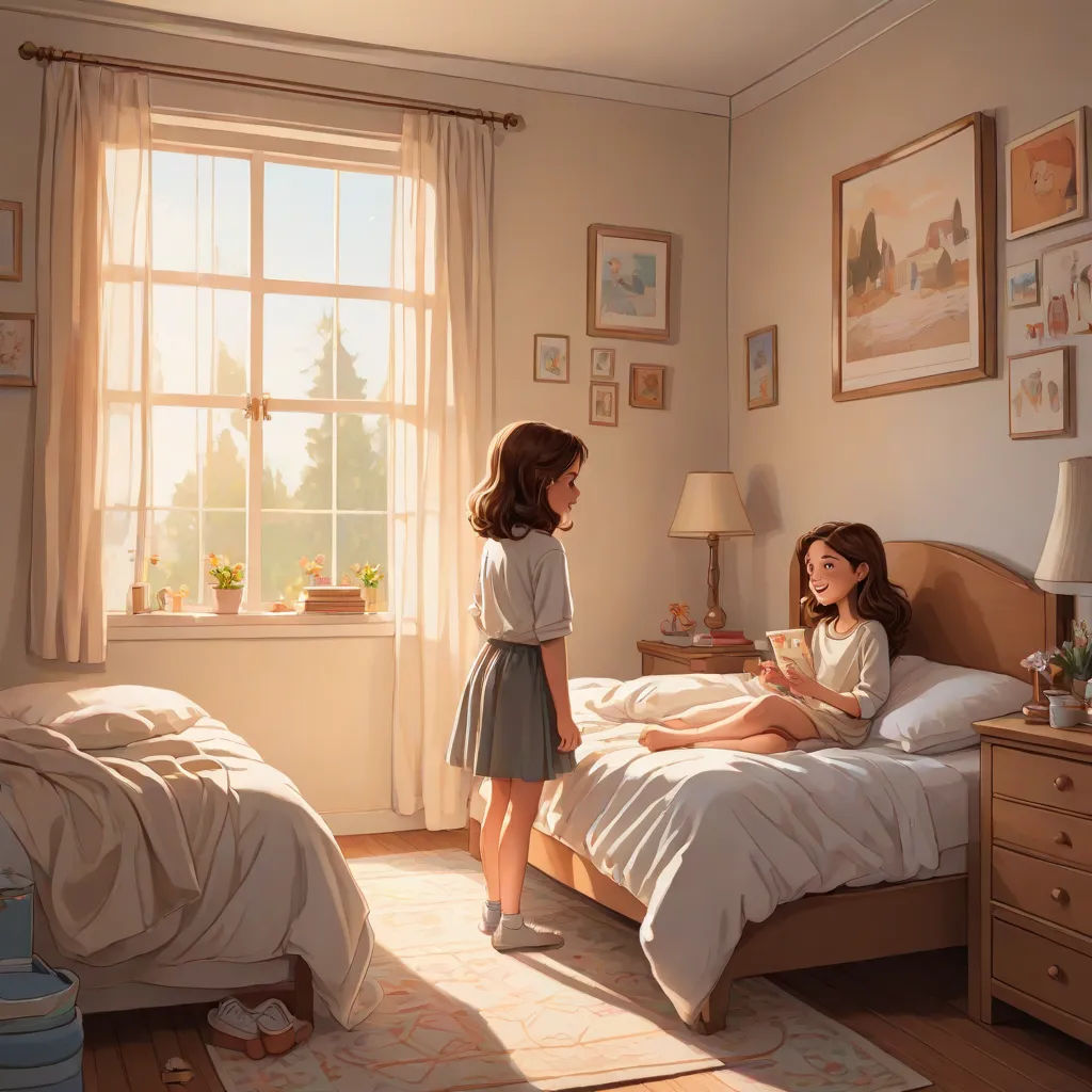 two girls are sitting on a bed in a bedroom with a window and a rug on the floor and a rug on the floor, Evgeny Lushpin, american scene painting, a storybook illustration, rossdraws global illumination