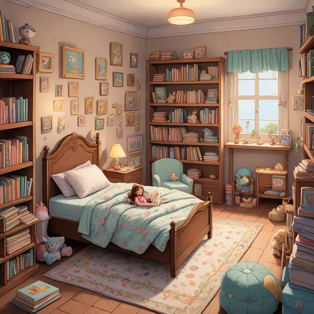 a child is laying on a bed in a room with bookshelves and a rug on the floor, Chris LaBrooy, photorealism, a storybook illustration, unreal render