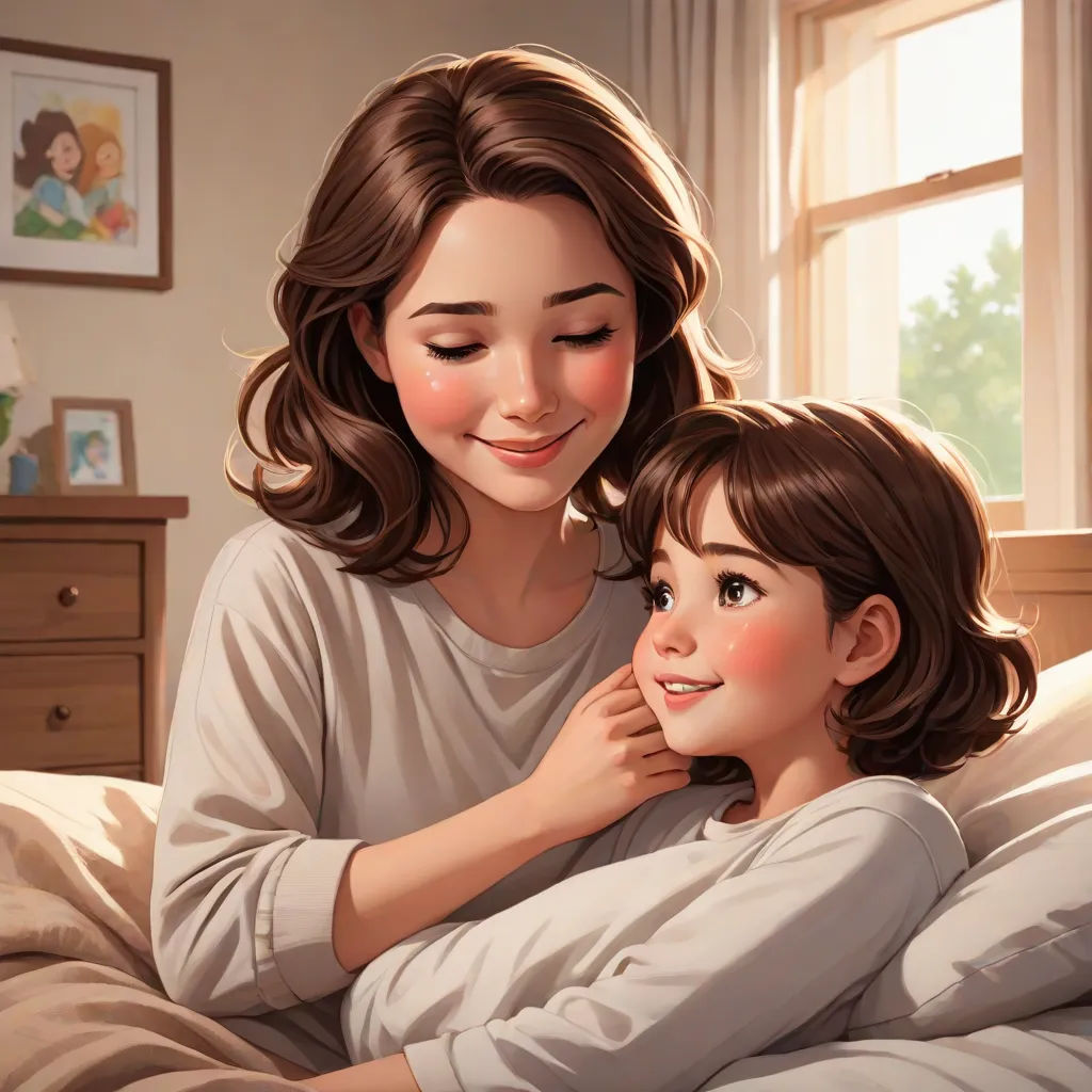 a woman and a child are laying in bed together, smiling and hugging each other, with a window in the background, Caroline Lucy Scott, sots art, a storybook illustration, storybook illustration