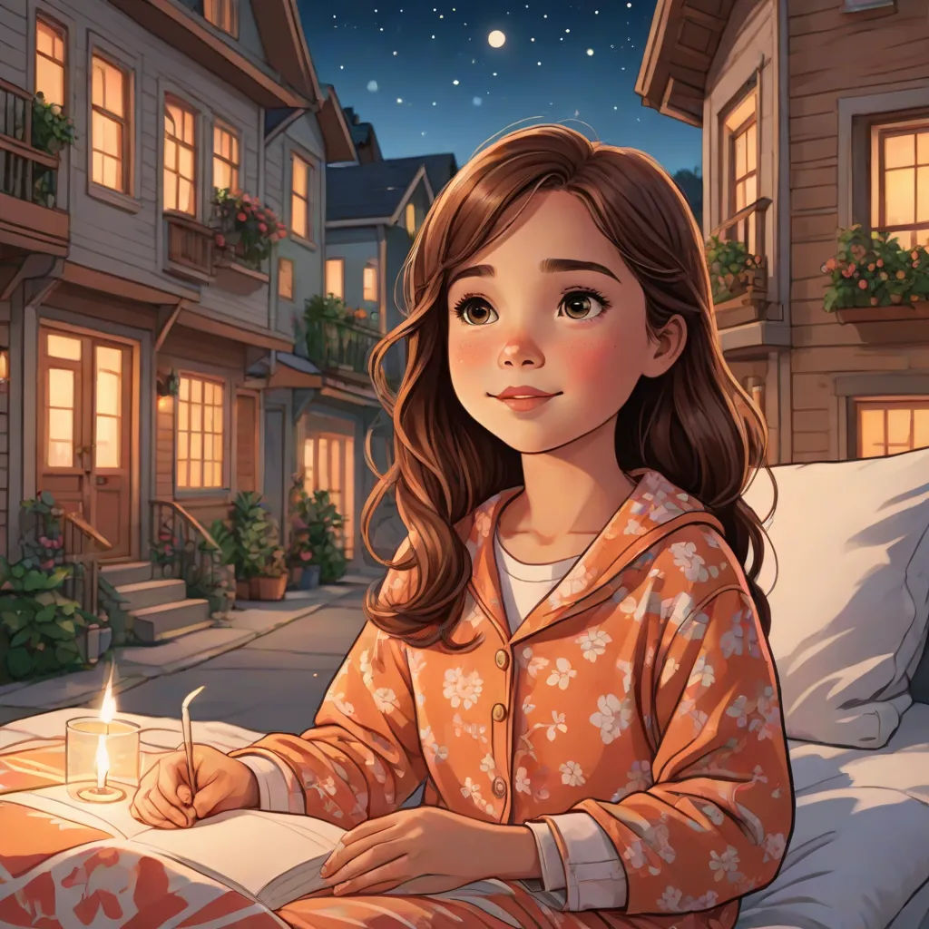 a girl sitting on a bed with a lit candle in her hand and a night sky in the background, Evgeny Lushpin, magical realism, a storybook illustration, storybook illustration