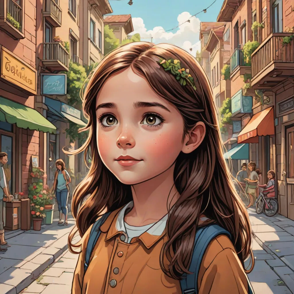 a girl with a backpack on a city street with a building in the background and a sign that says, the little girl is looking at the camera, Artgerm, photorealism, a comic book panel, rossdraws global illumination
