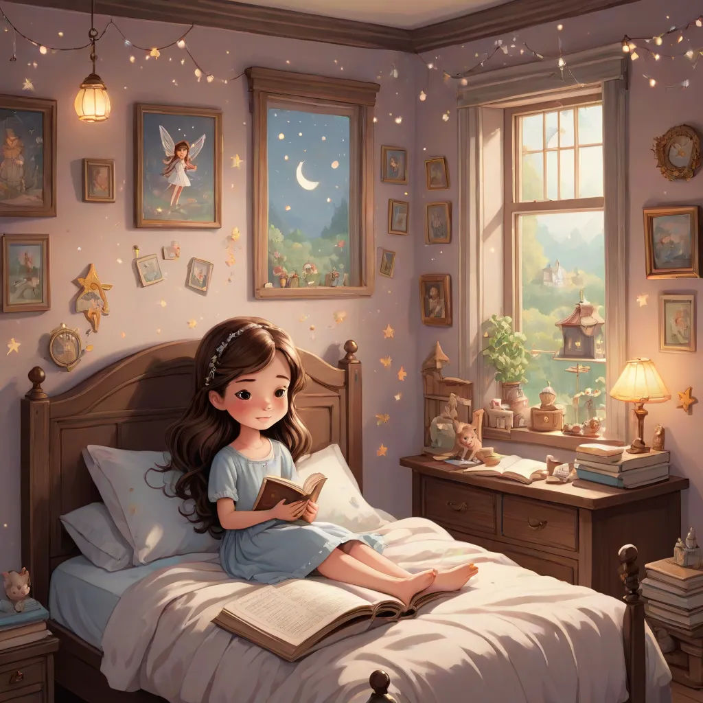 a little girl sitting on a bed reading a book in a bedroom with a window and a lot of pictures, Cyril Rolando, magical realism, a storybook illustration, storybook illustration
