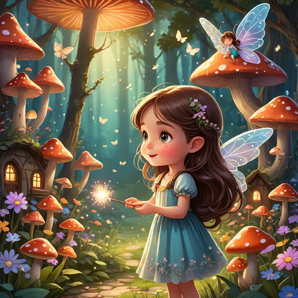 a little girl in a blue dress holding a sparkle wand in a forest with mushrooms and flowers on the ground, Anne Stokes, fantasy art, a storybook illustration, storybook illustration