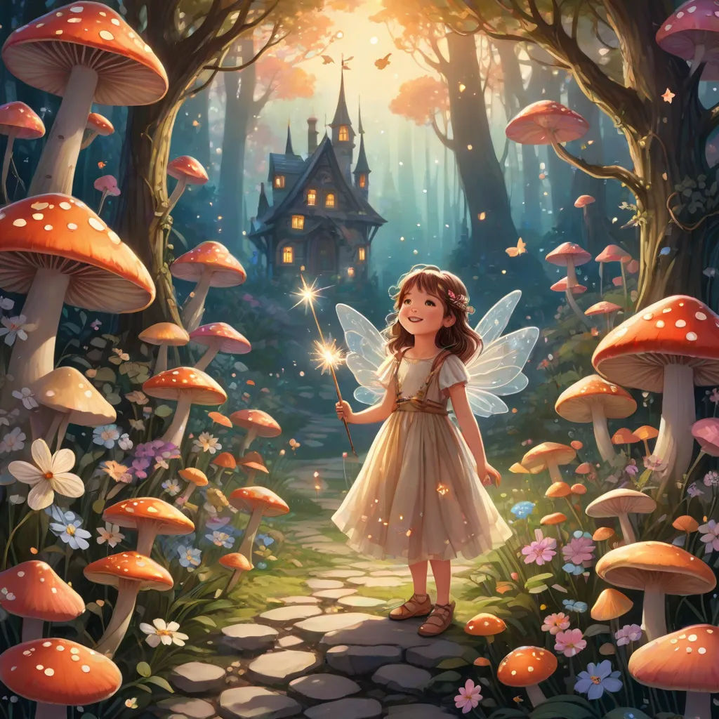 a fairy standing in a forest with mushrooms and a house in the background with a fairy holding a wand, Anne Stokes, fantasy art, a storybook illustration, storybook illustration