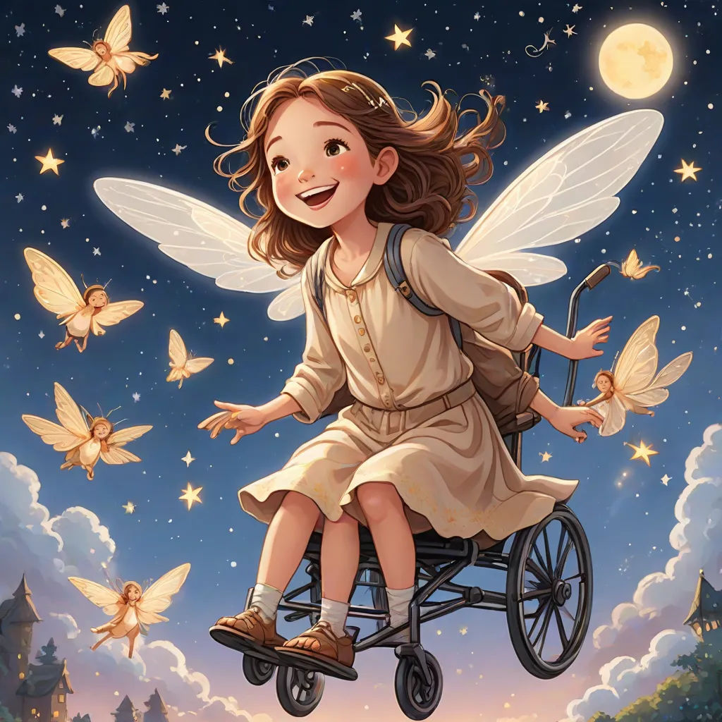 a little girl sitting on a wheel chair with wings flying above her and a full moon in the sky, Aaron Jasinski, fantasy art, a storybook illustration, yukito kishiro