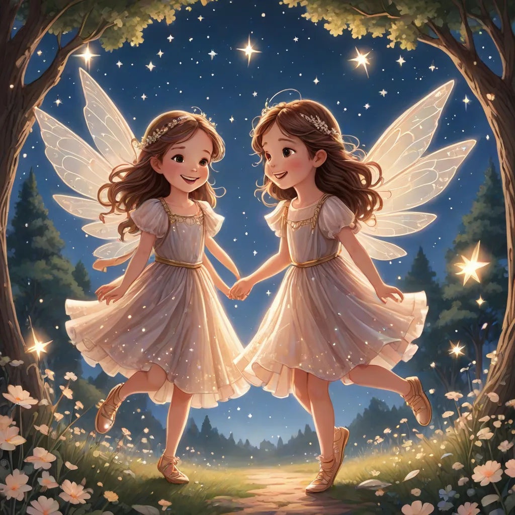 two little girls dressed in fairy costumes are holding hands and walking through a forest at night with stars and moon, Anne Stokes, fantasy art, a storybook illustration, rossdraws global illumination
