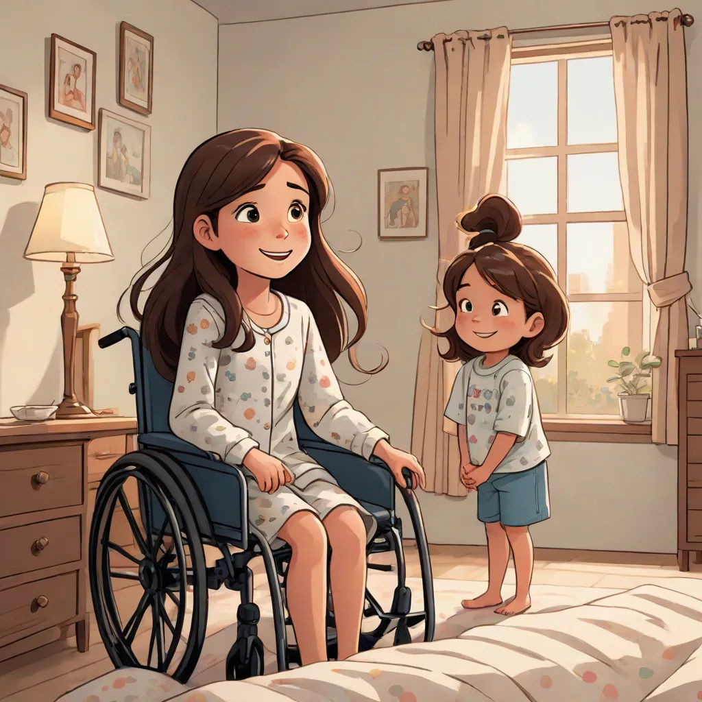 a little girl in a wheelchair talking to a woman in a bedroom with a bed and dressers and a window, disney, lyco art, a storybook illustration, storybook illustration