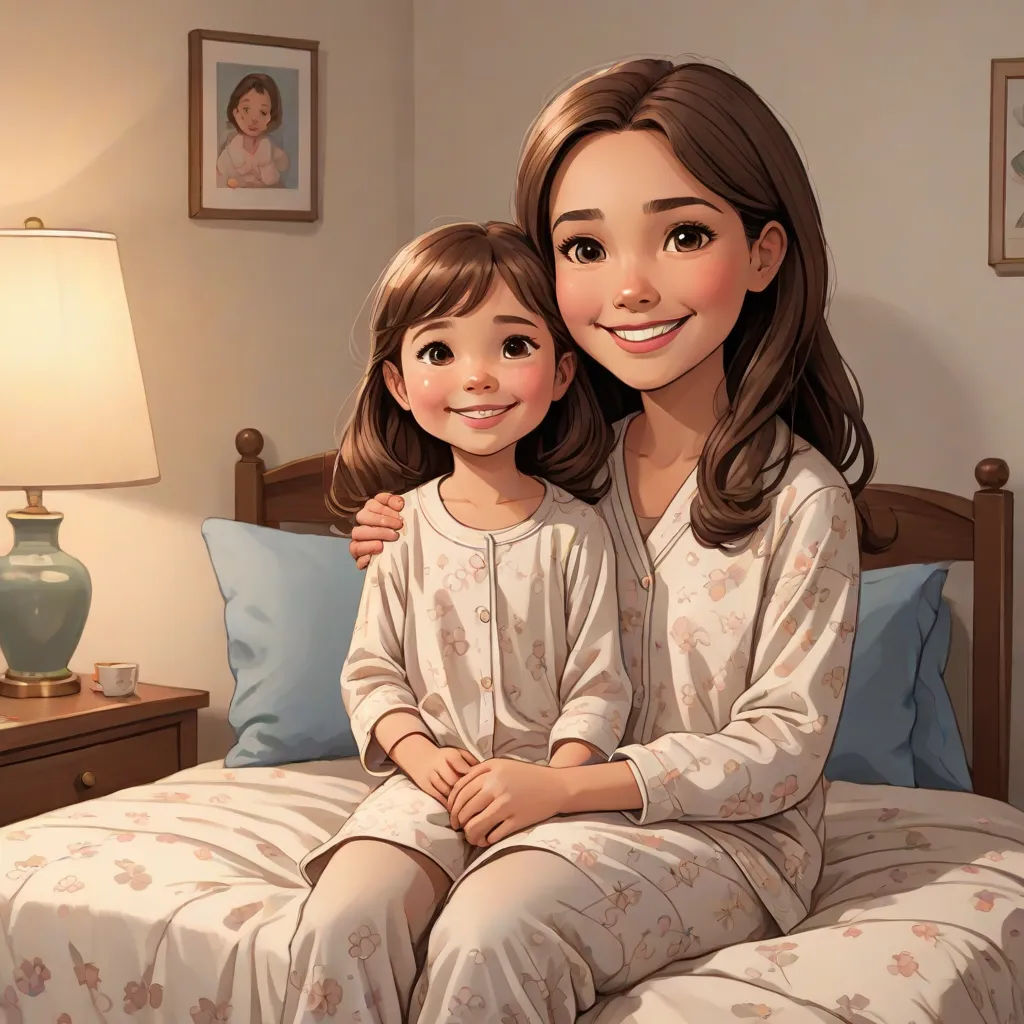 a woman and a child sitting on a bed together, in pajamas, smiling at the camera, with a lamp on the side, disney, fantastic realism, a storybook illustration, pixar and disney animation