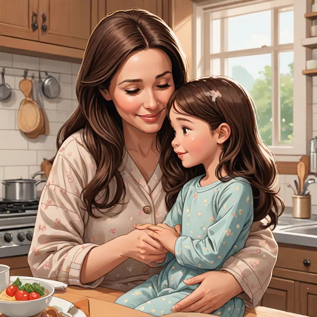a woman and a child are in the kitchen together, and the child is holding the woman's arm, Alejandro Burdisio, american realism, a storybook illustration, storybook illustration