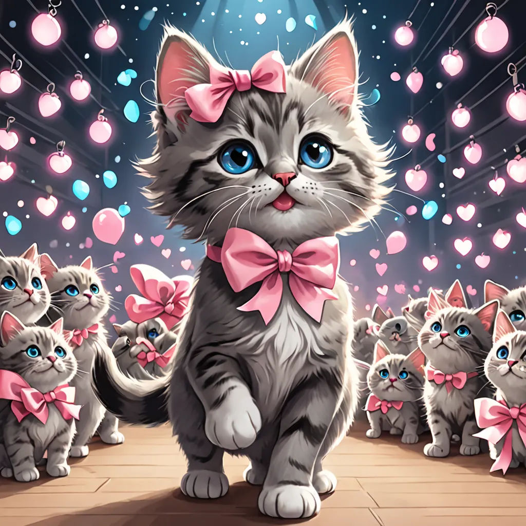 a cat with a pink bow is surrounded by kittens in a room full of hearts and balls of light, furry art, a storybook illustration, Alice Prin, official art