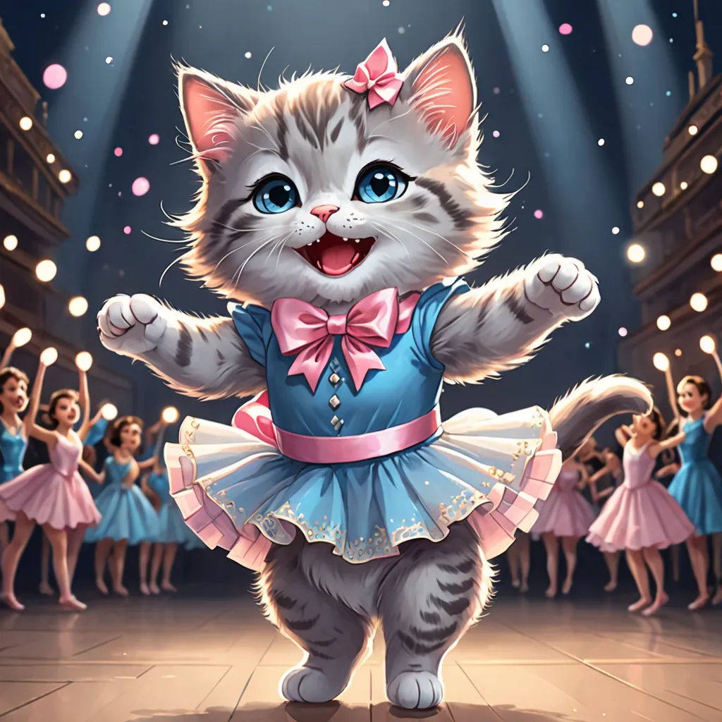 a cat dressed in a dress dancing on a stage with a crowd of people behind it and a spotlight, furry art, a detailed painting, Chris Rallis, league of legends splash art