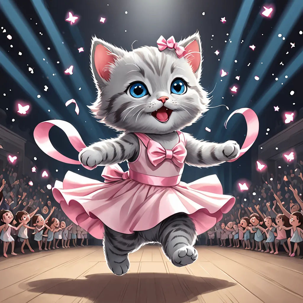 a cat dressed in a pink dress is dancing on a stage with a crowd of people behind her and a spotlight, kitsch movement, a storybook illustration, Alice Prin, promotional image