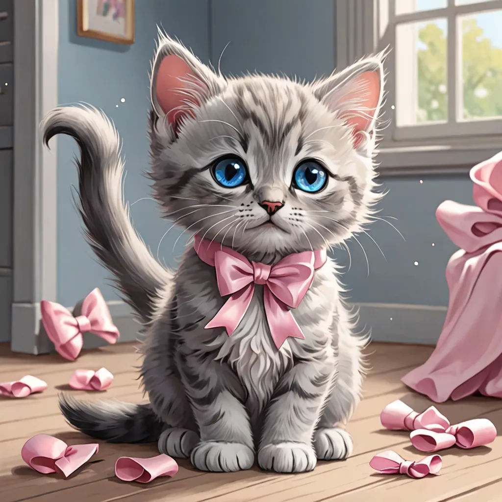 a cat with a pink bow tie sitting on a floor next to a pink dress and a pink bow, sots art, a storybook illustration, Chris LaBrooy, official art