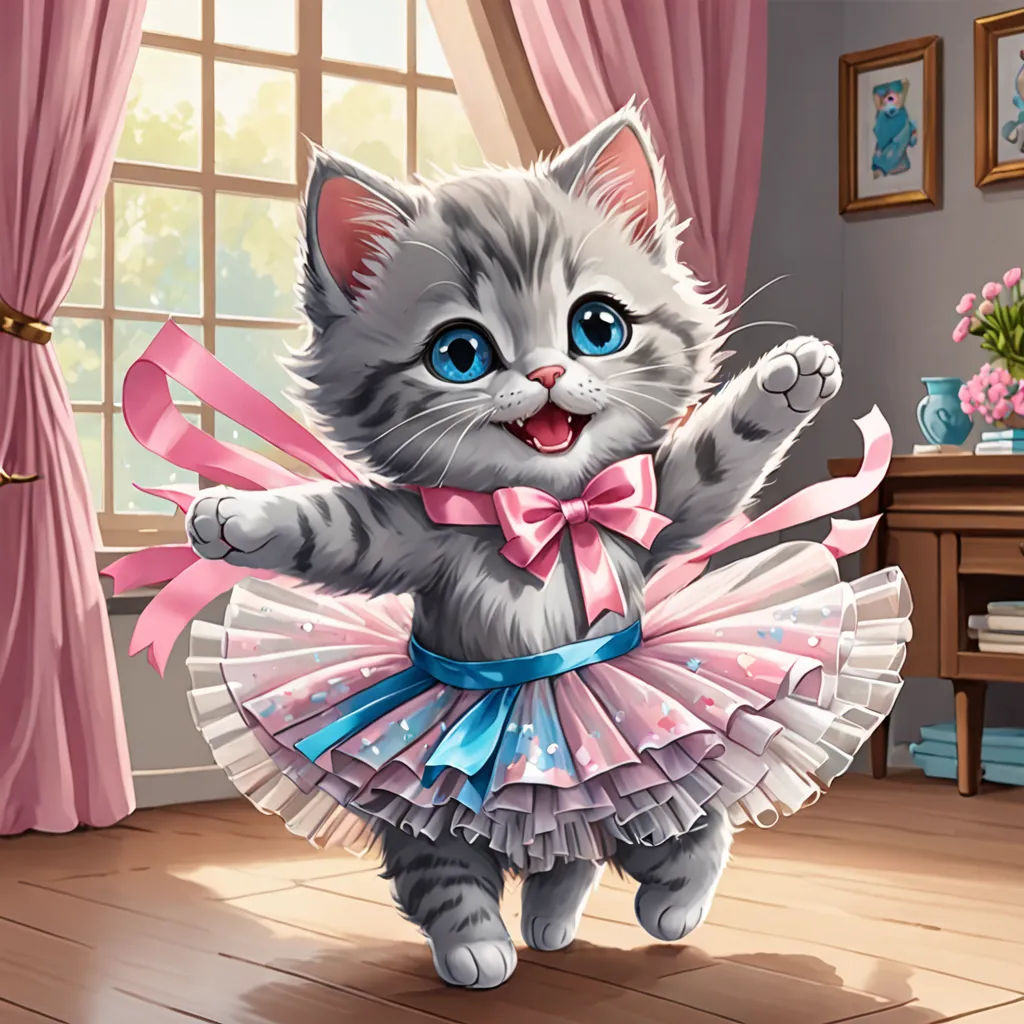 a cat in a dress is standing on a wooden floor in a room with pink curtains and a pink table, sots art, a detailed painting, Anne Said, cute and funny