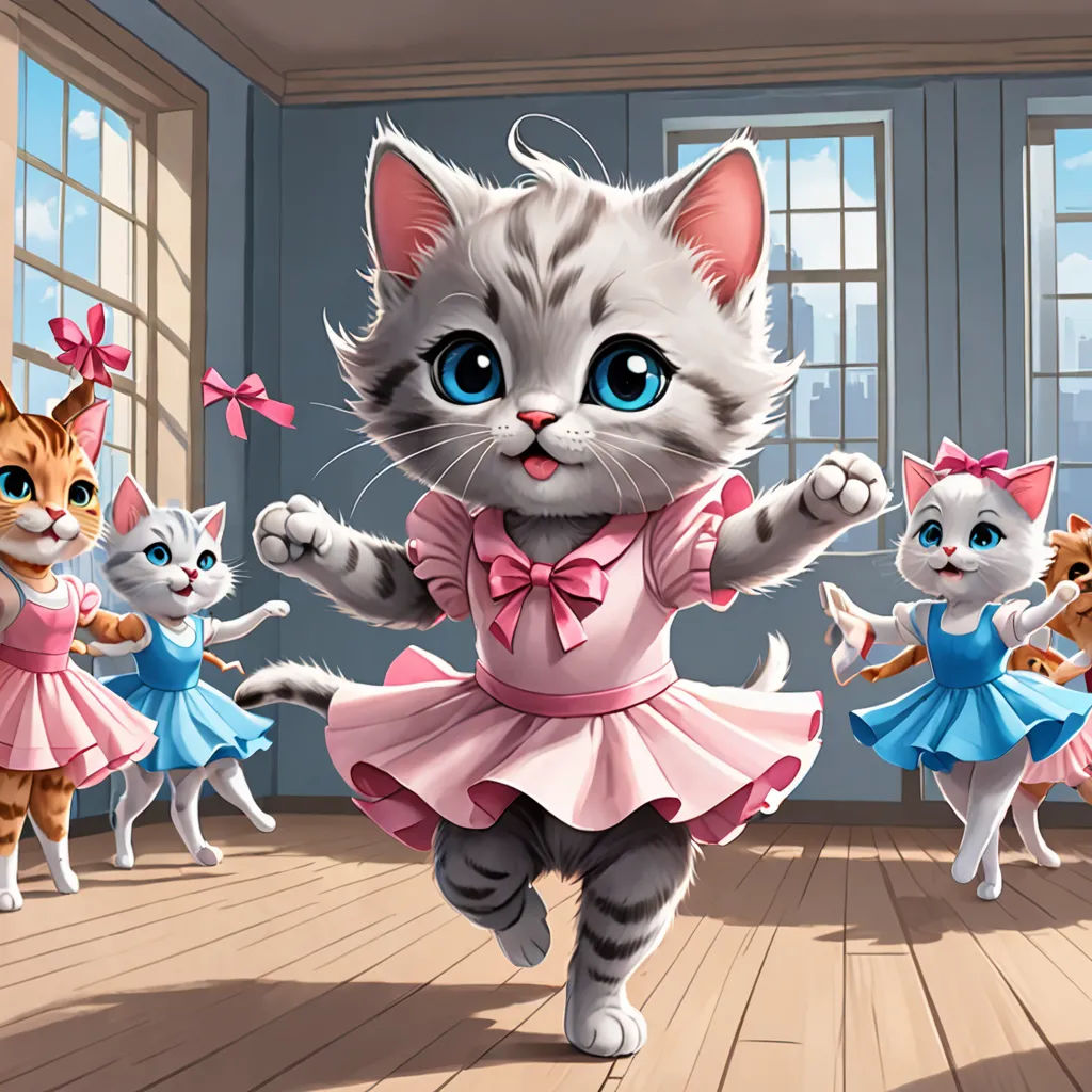 a cat dancing with other cats in a room with windows and a wooden floor, and a painting of a cat in a pink dress, furry art, a storybook illustration, Claire Hummel, official art