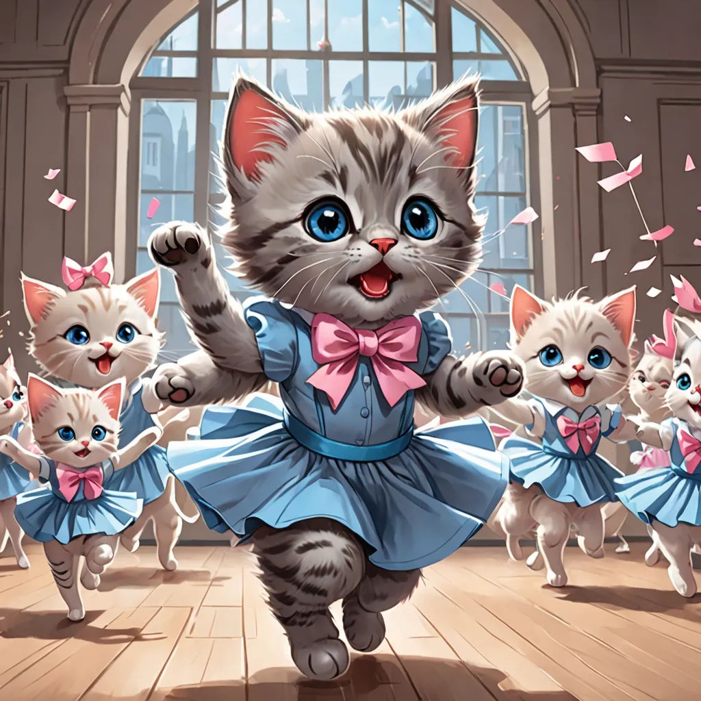 a cat dancing with a group of kittens in a room with a window and a cat in a dress, altermodern, a detailed painting, Chris Rallis, magic the gathering artwork