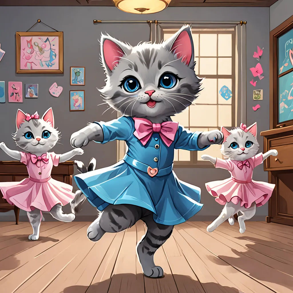 a cat dressed in a blue dress dancing with three other cats in a room with a piano and a window, kitsch movement, a storybook illustration, Claire Hummel, official art