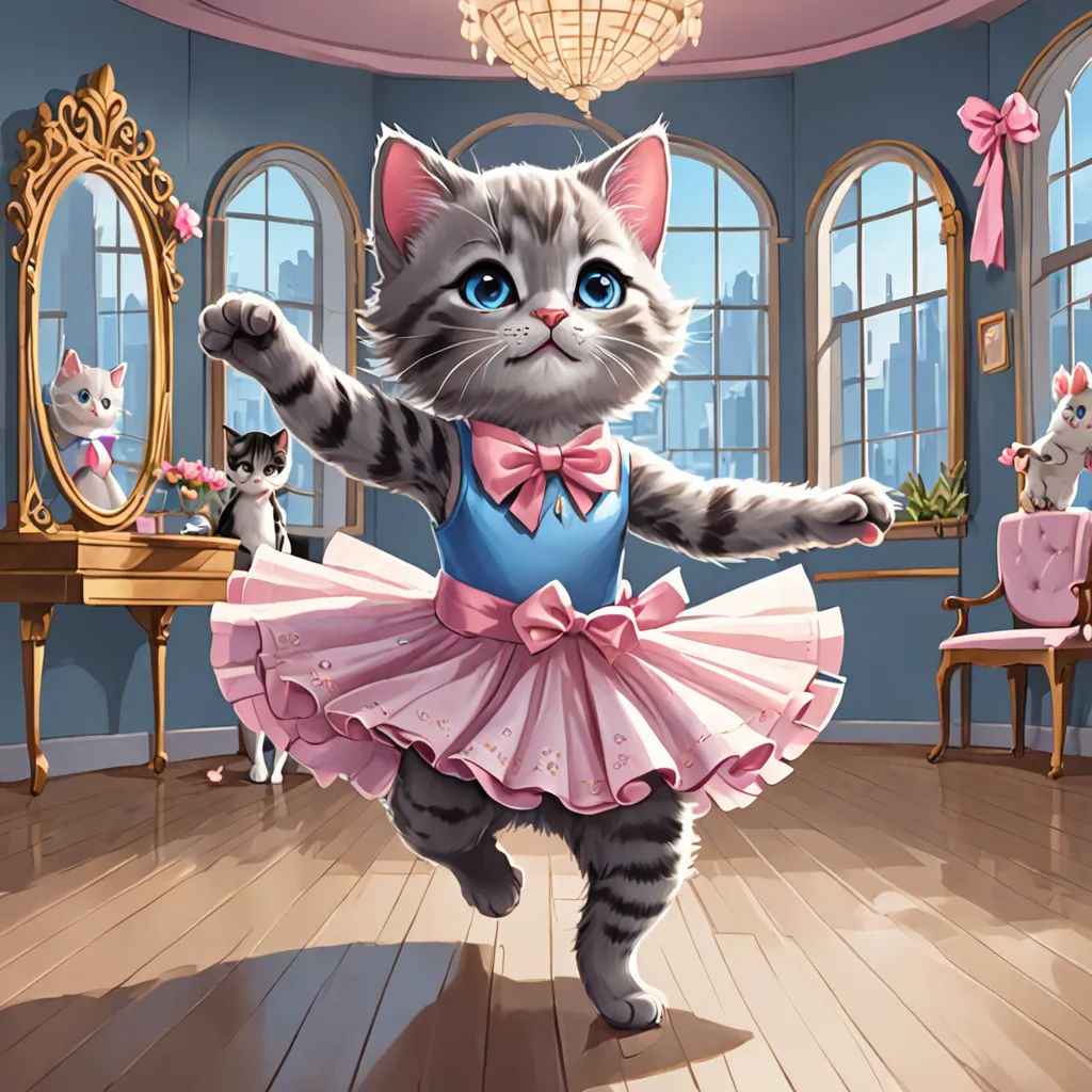 a cat in a pink dress dancing in a room with a mirror and a cat on the floor in the background, kitsch movement, a storybook illustration, Carlos Catasse, official art