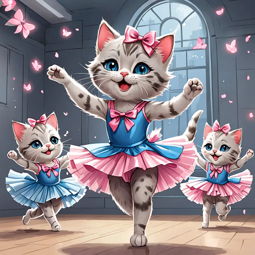 a cat in a pink dress dancing with two kittens in a blue dress and pink bows on their heads, furry art, a detailed painting, Anne Said, game art