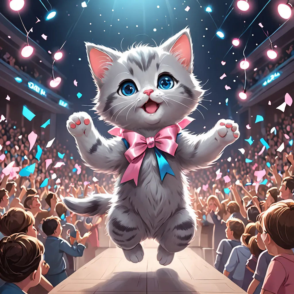 a cat is standing on a stage with a pink bow on it's neck and arms in the air, furry art, a storybook illustration, Chris LaBrooy, official art