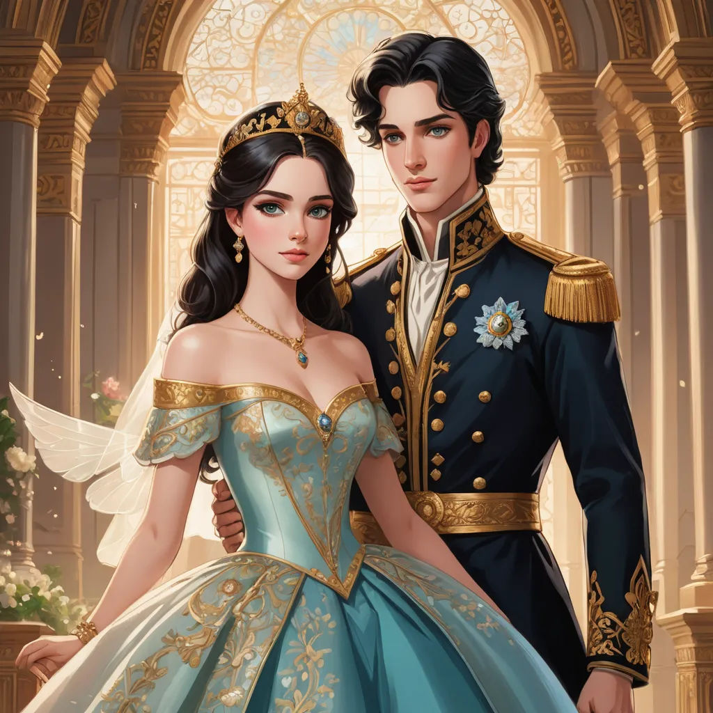a man and woman dressed in formal clothing standing next to each other in front of a window with a rose, fantasy art, a detailed painting, Charlie Bowater, rossdraws global illumination