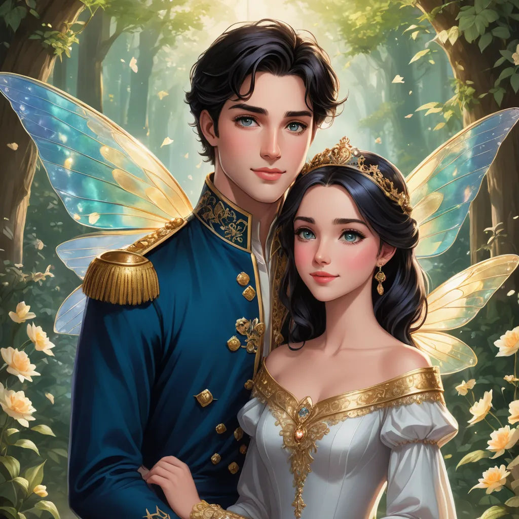 a man and woman dressed in fairy costumes standing next to each other in a forest with flowers and trees, fantasy art, a storybook illustration, disney, kinkade