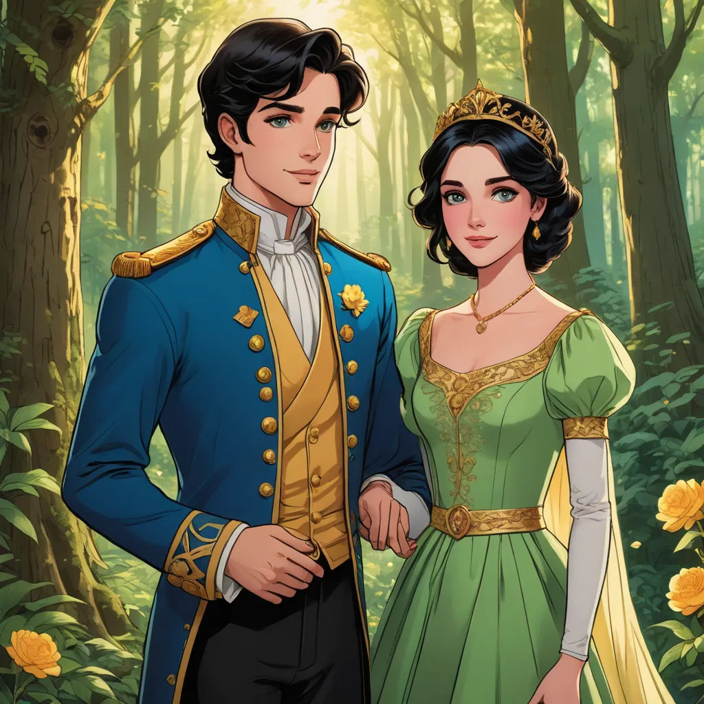 a man and woman dressed in renaissance clothing standing in a forest with yellow flowers and trees in the background, sots art, a storybook illustration, Elizabeth Forbes, official art