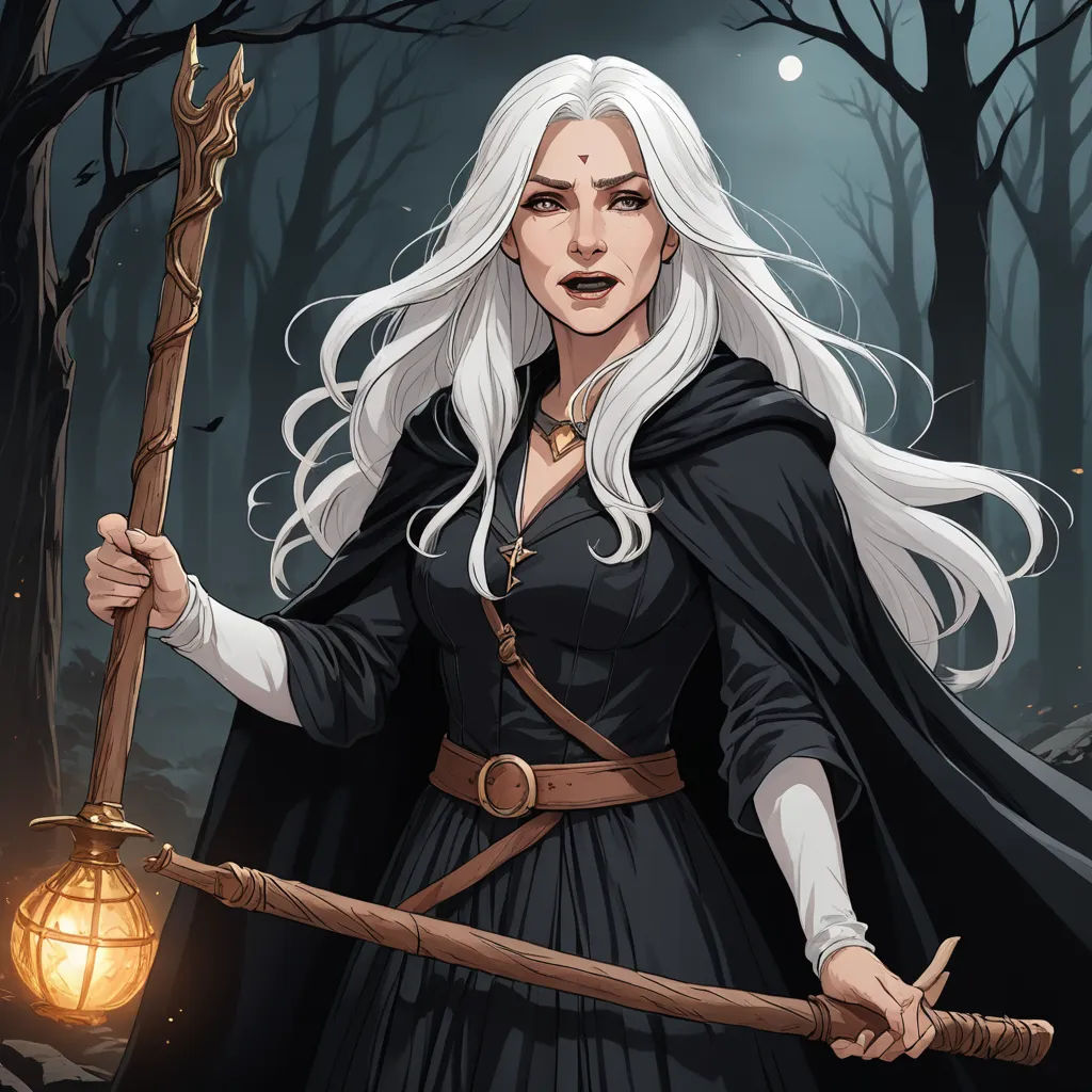 a woman in a black dress holding a light saber and a lantern in a forest at night with trees, fantasy art, a character portrait, Charlie Bowater, epic fantasy character art