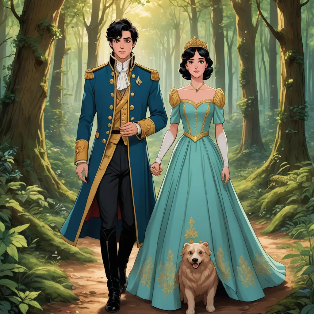 a man and woman in a blue dress and a dog in a forest with trees and grass, and a dog standing next to them, magical realism, a storybook illustration, disney, official art