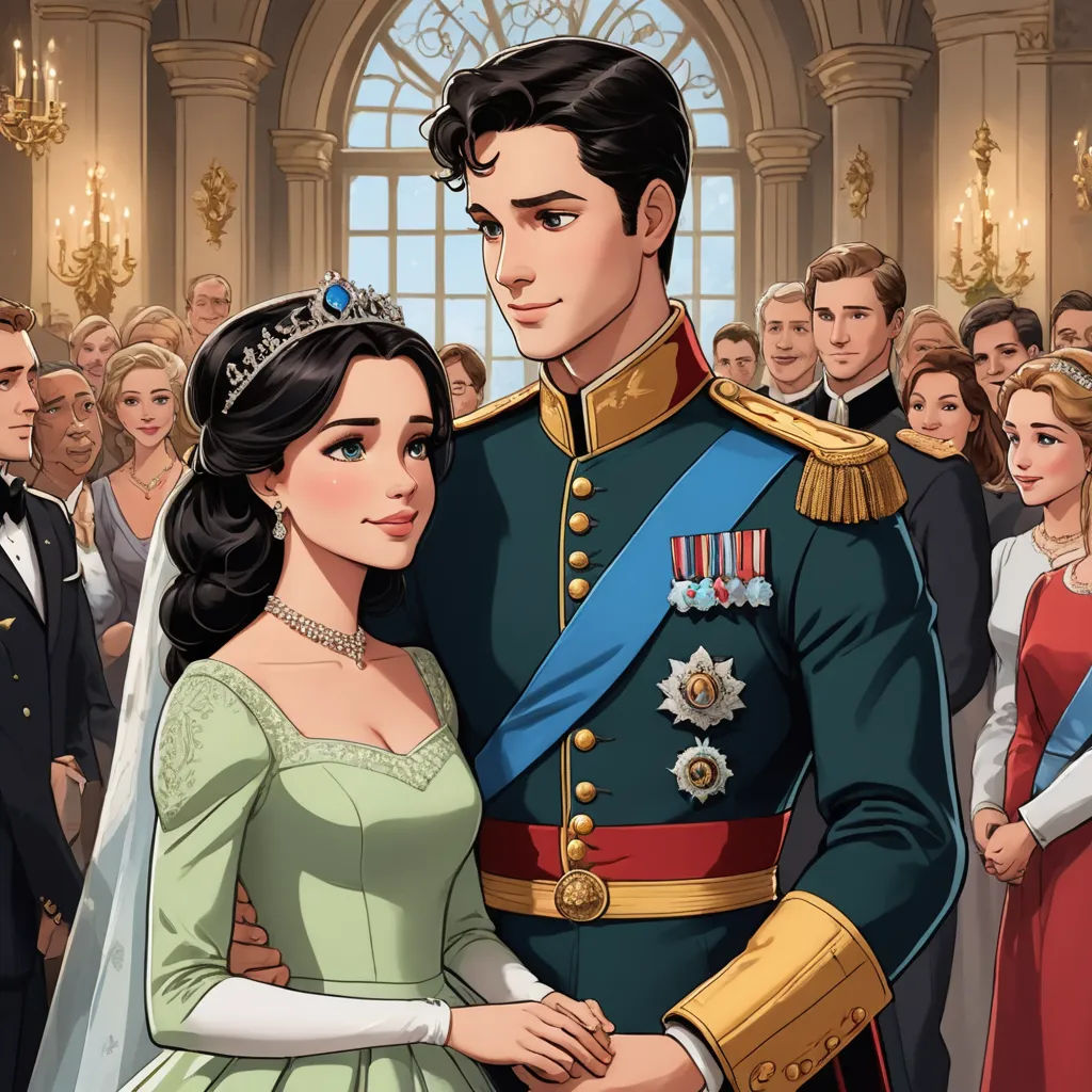 a man and woman in a wedding dress standing next to each other in front of a crowd of people, sots art, a storybook illustration, disney, official art