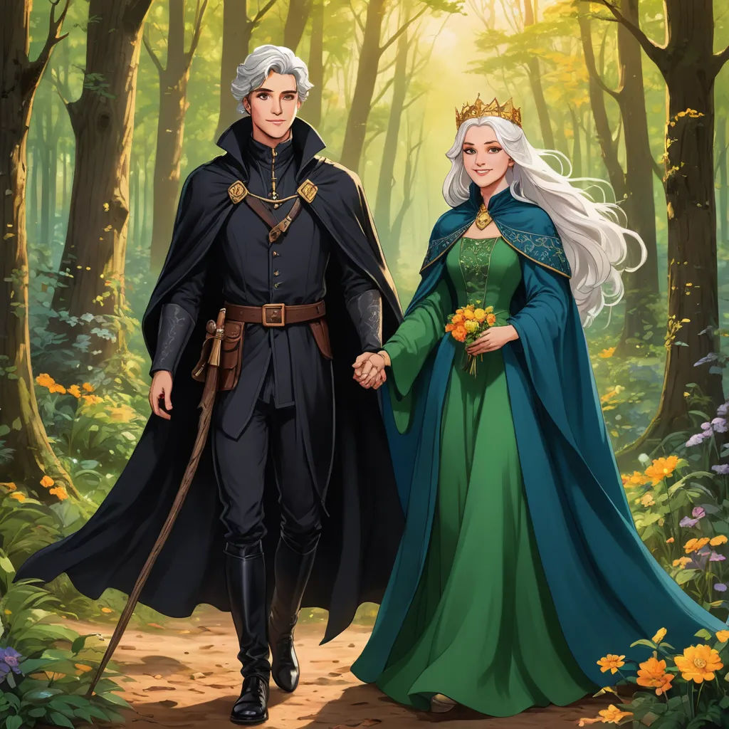 a man and woman dressed in medieval clothing walking through a forest holding hands and holding flowers in their hands, fantasy art, a storybook illustration, Brian and Wendy Froud, official art